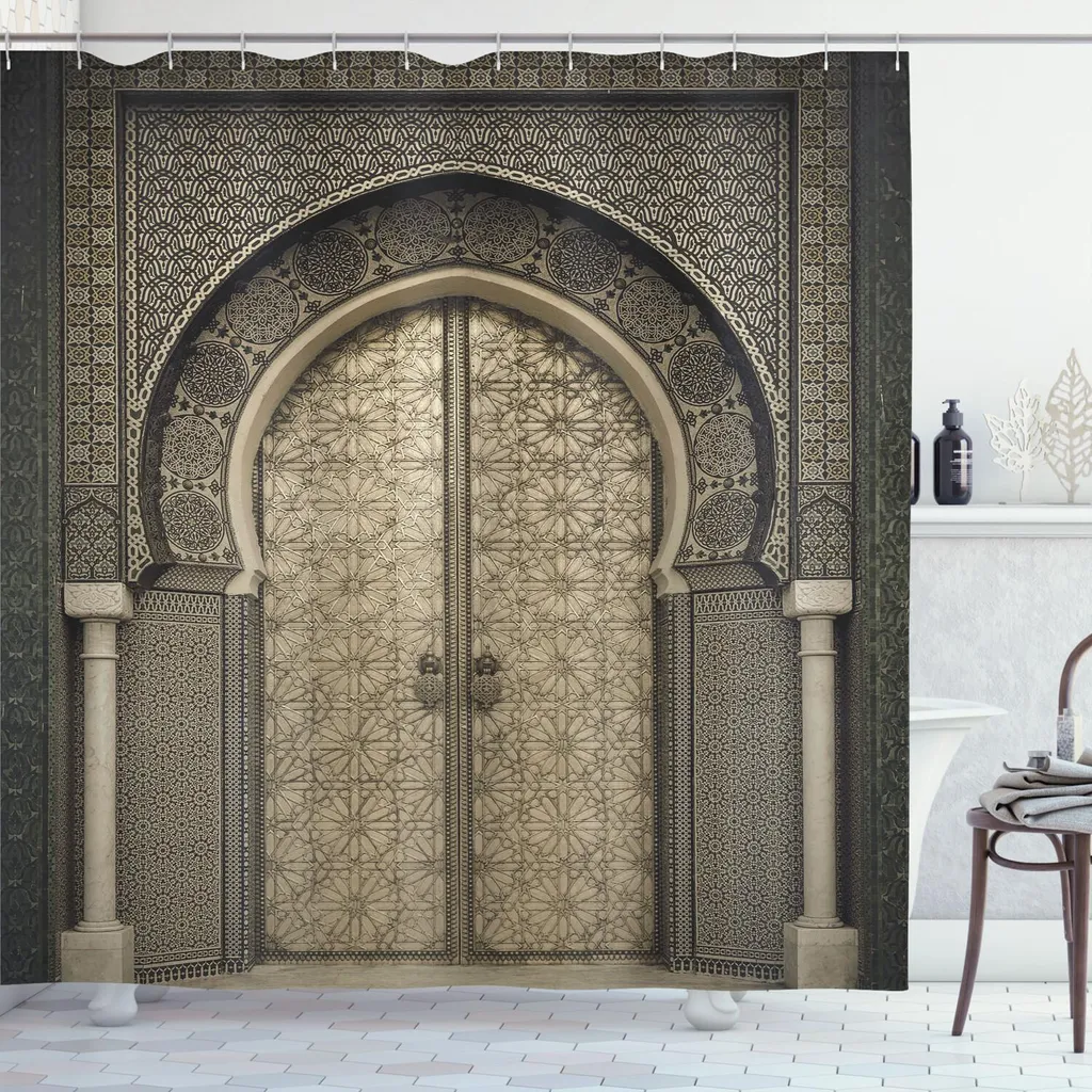 Rideau de douche long 175x240 - Motif marocain original sépia anti-moisissure
