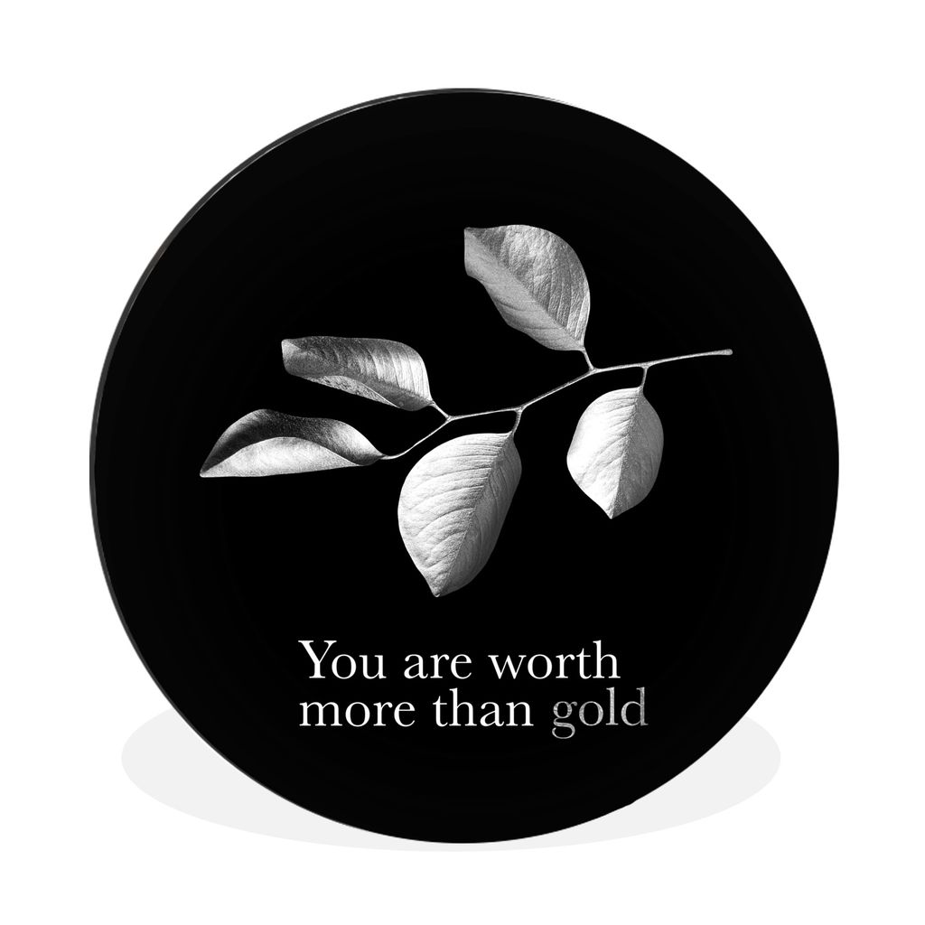 MuchoWow Aluminium Wandkreis Blätter - Zitat - Schwarz - Weiß Ø 90 cm Wanddeko Modern Wohnzimmer - Mauerkreis - Wandbilder - Runde Bild - Bild...