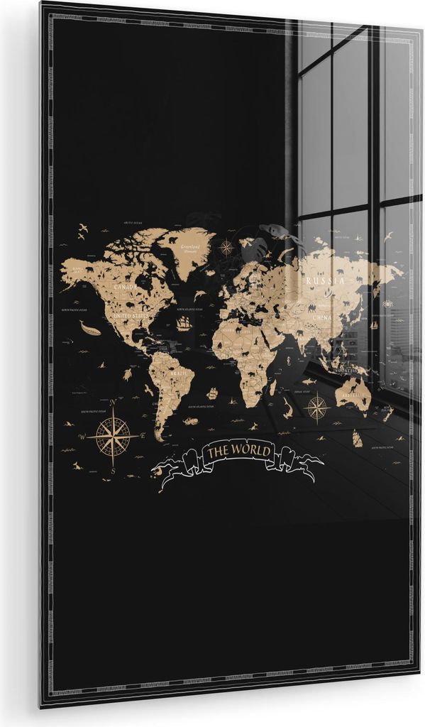MuchoWow Glasbilder - Bilder auf Wandbild - Foto auf Glas Weltkarte - Beige - Schwarz 60x90 cm Wanddekoration aus Glas - Acrylglasbild - Acrylbilde...