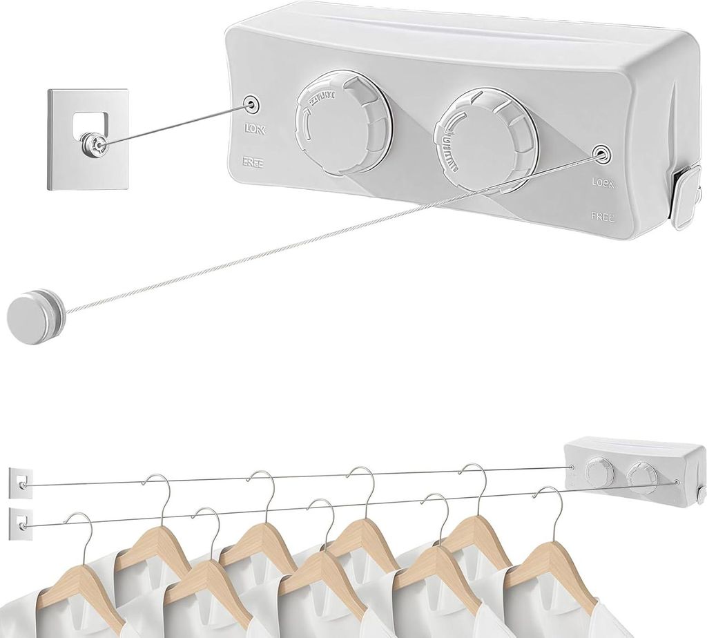 2x 5,1 m Edelstahl Kabel Tragbare Wand Wäscheleine - Verhindert Durchhängen, Ausziehbar für Hauswirtschaftsraum, Balkon, Hotel, Badezimmer, Schl...