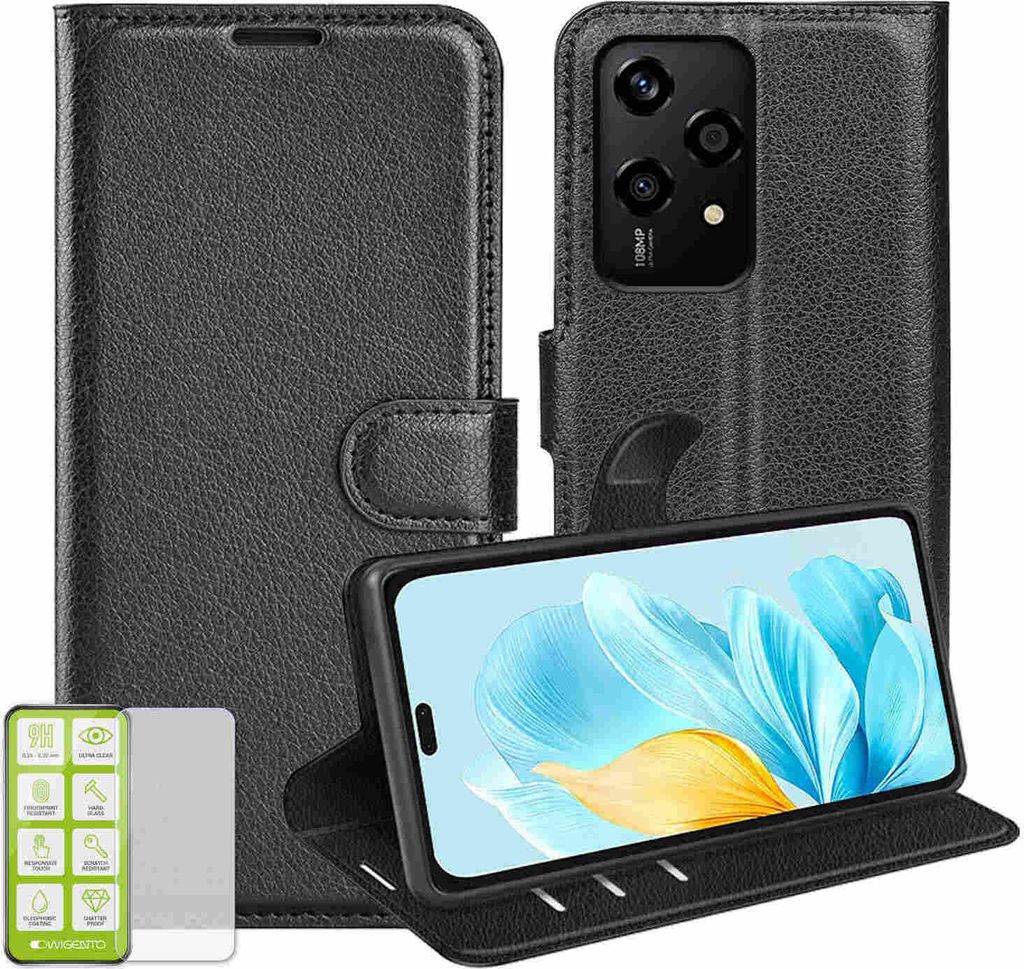 Für Honor 200 Lite Handy Tasche Schwarz Etuis Kunst-Leder Hülle Case + H9 Hart Glas