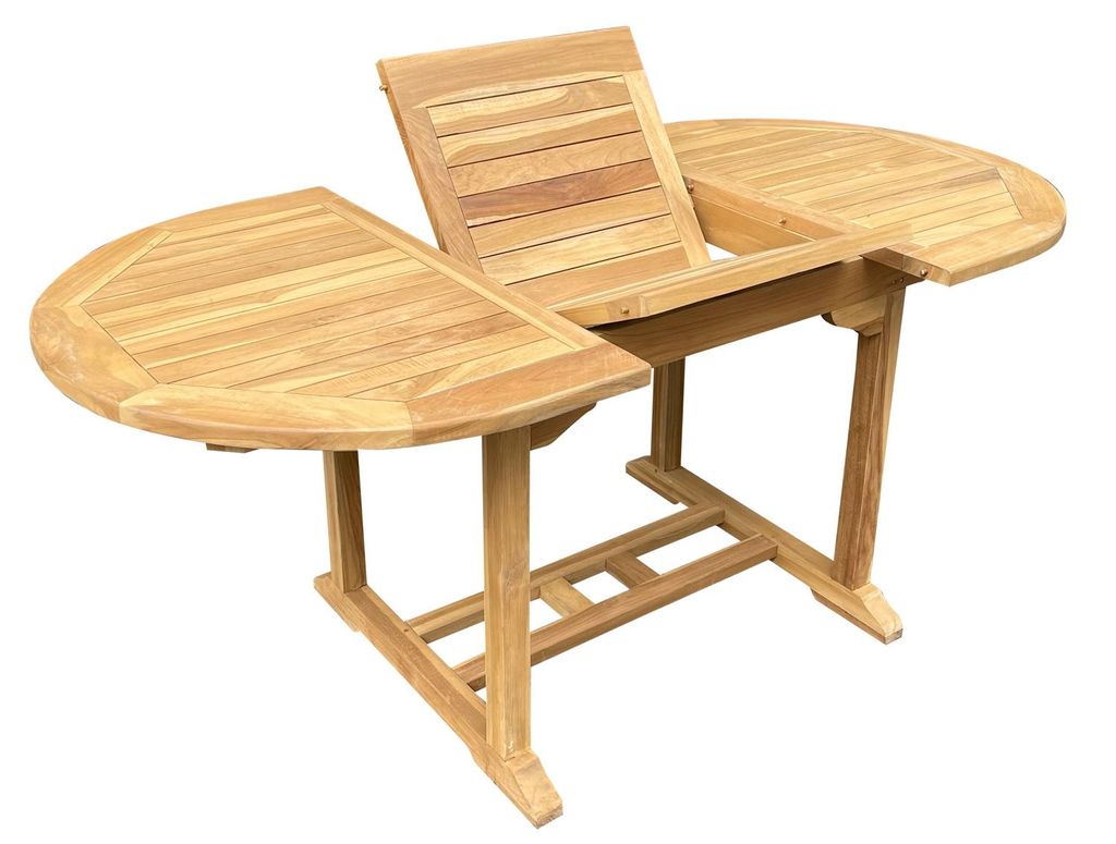 A wooden extendable dining table is shown against a white background.