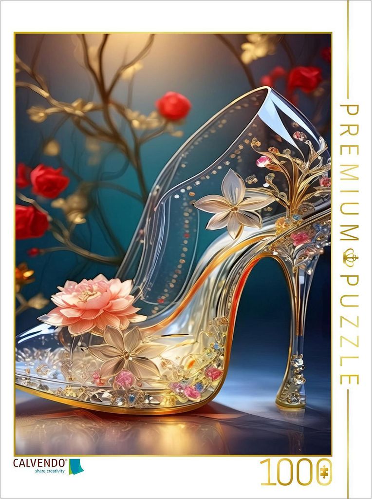 CALVENDO Puzzle Gläserner Pumps mit goldenen Verzierungen, Kristallen und einer rosa Seerose | 1000 Teile Lege-Größe 64x48cm Foto-Puzzle für gl...