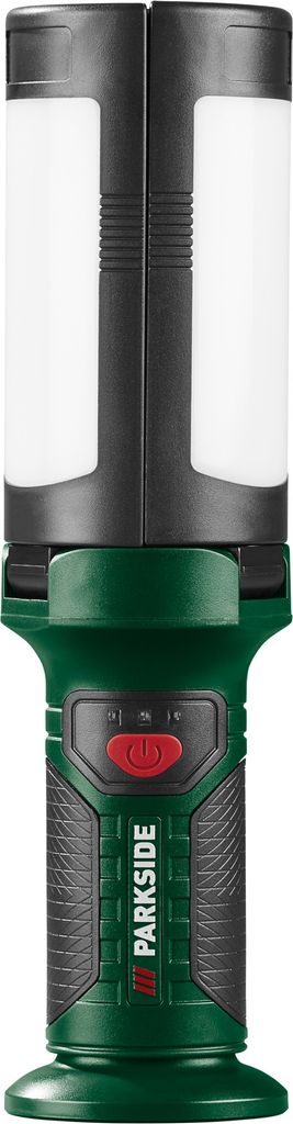 A studio shot of a green and black LED work light.