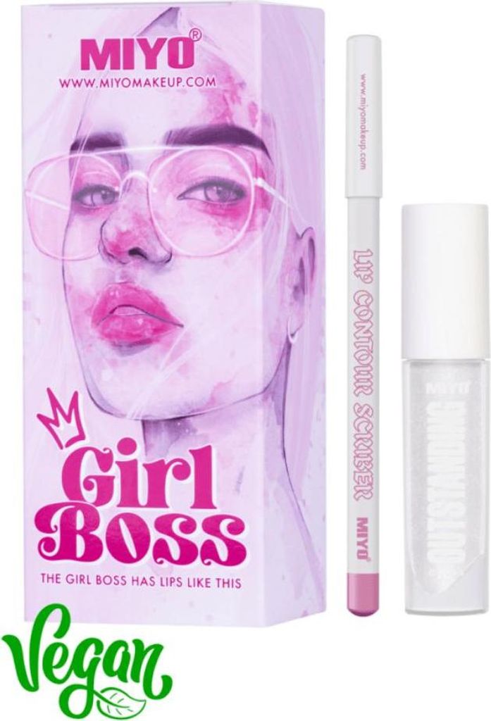 MIYO – Girl Boss Lips Set, 4 ml + 1,2 g – Lippen-Set, rosa Lippenkonturenstift und klarer Lipgloss