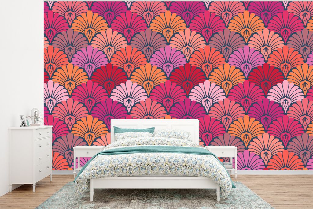 MuchoWow Fototapete für Wohnzimmer oder Schlafzimmer Wandtapete Vinyl Motivtapete Muster - Art Deco - Rosa - Blumen - 400x300 cm - Papiertapeten