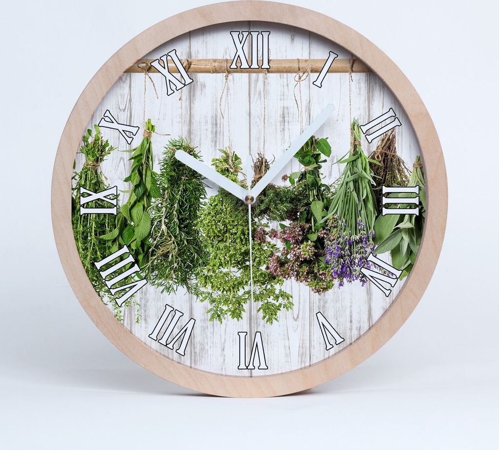 Holzuhr 25fi cm wanduhr - weiße Spitzen - Kräuter auf einer Schnur