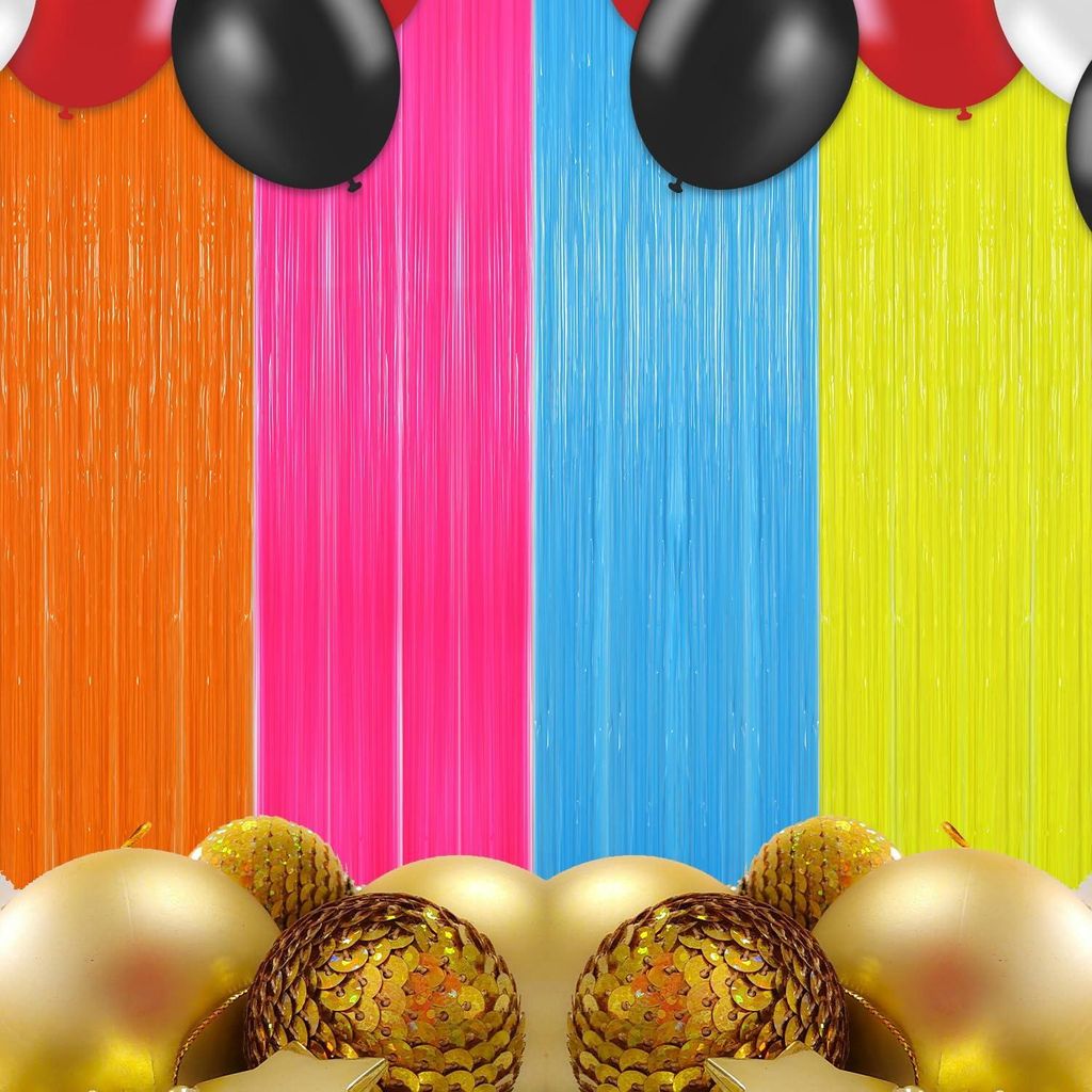 BOXOB 4er Set Leuchtende Partyartikel, 1x2m Lichtgevende Tüllvorhänge Neon Fransen Hintergrund Streifen Fotobooth Zubehör für Geburtstag Hochze...
