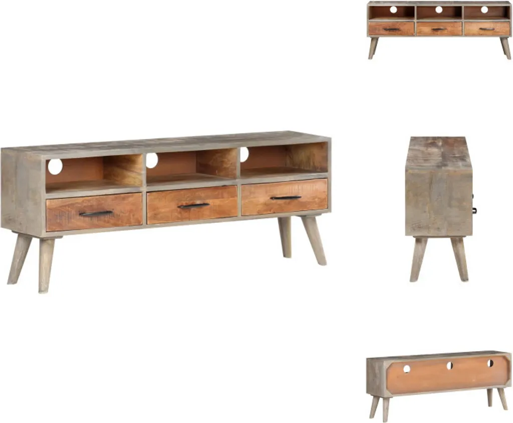Meuble TV vidaXL en bois de manguier massif gris, 130x35x51 cm robuste