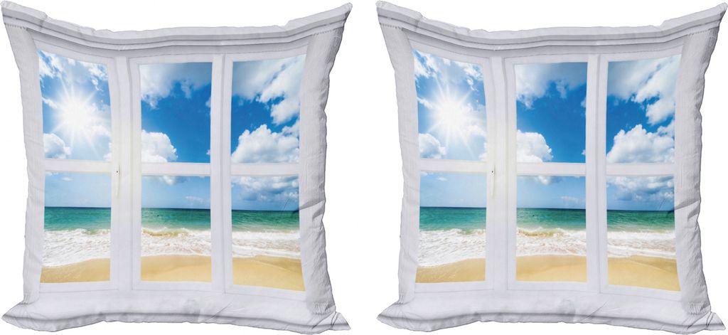 ABAKUHAUS Strand Kissenbezug Set (2Stück), Ocean View Vivid Sun, doppelseitiges Digitaldruckdekor mit Reißverschluss, 50 cm, Blau Teal Sand Brown