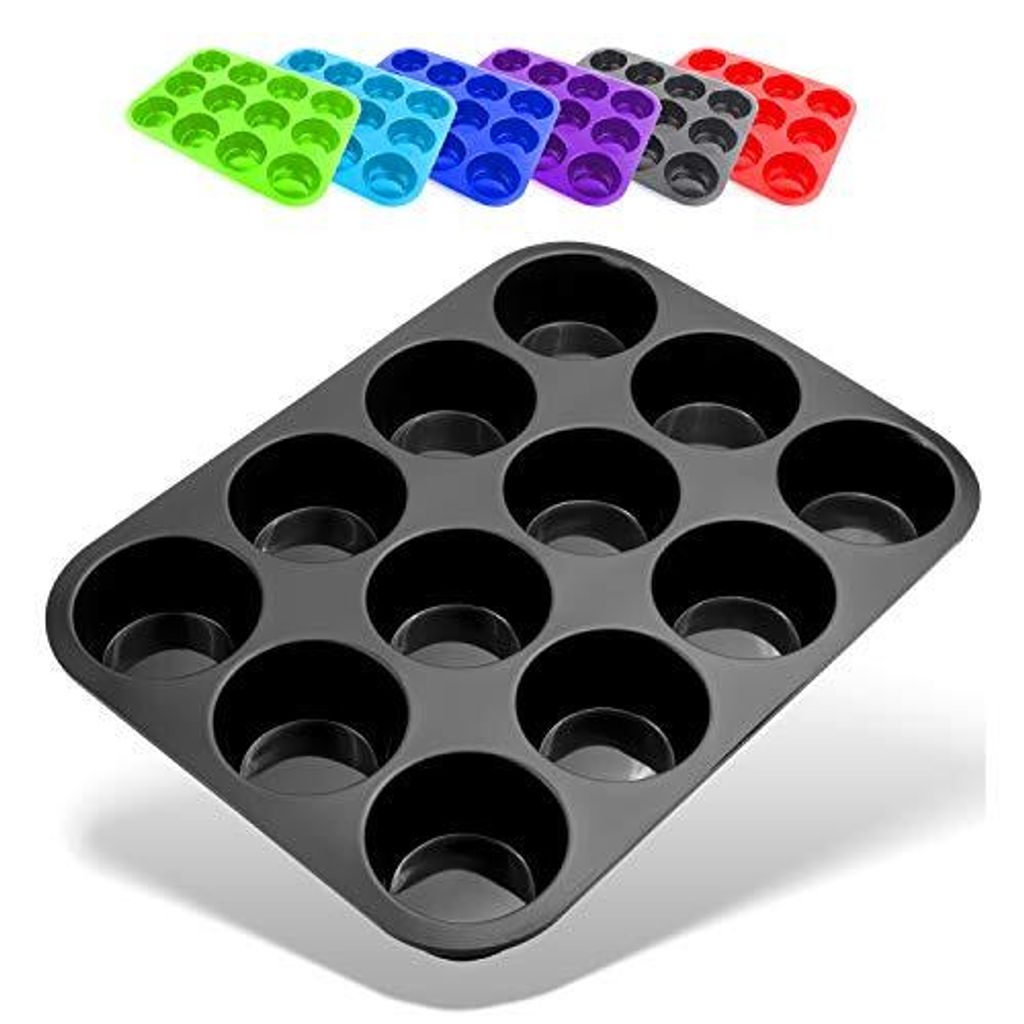 Belmalia Silikon Muffinform, 12 Muffins, antihaftbeschichtet, Cupcakes Brownies Kuchen Pudding Schwarz
