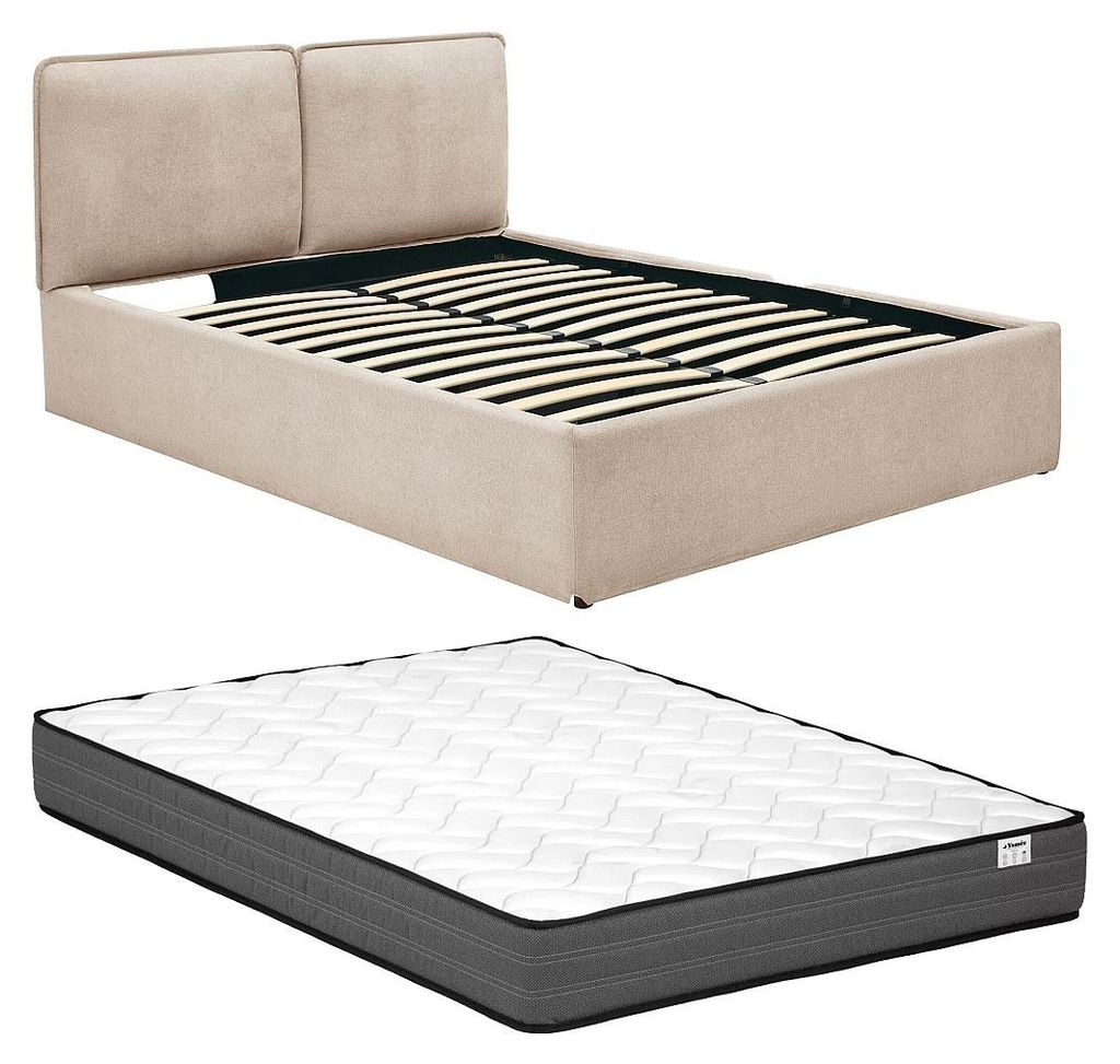 Bett mit Stauraum mit abnehmbarem Bezug – 140 x 190 cm – Stoff – Beige + Matratze – TENESE