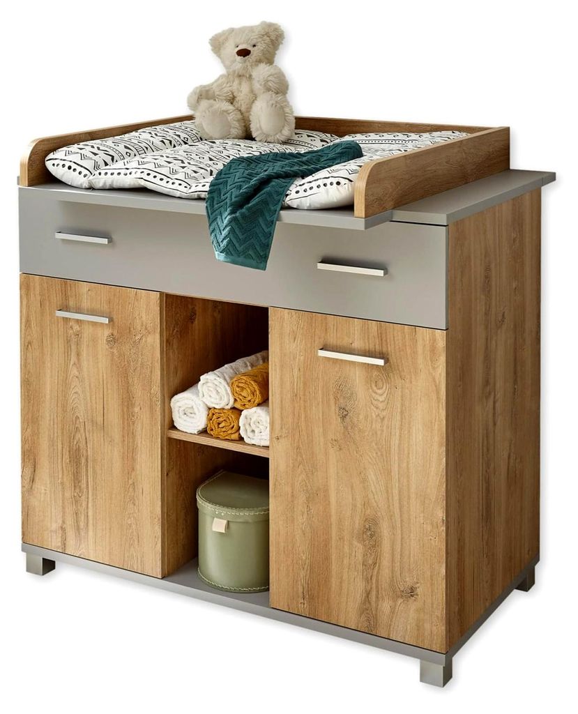 Wickelkommode LARISSA mit Wickelaufsatz in Bolton Eiche Optik / Arktisgrau - Funktionaler Wickeltisch mit viel Stauraum - 107 x 104 x 79 cm (B/H/T)