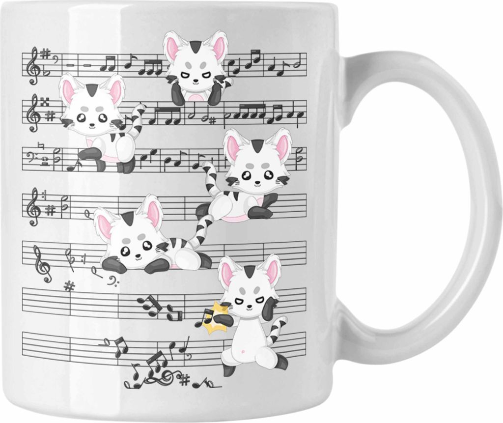 Trendation - Katzen Grafik Tasse Geschenk Katzen-Mama Musiker Musikerin Geschenkidee Weihnachten Geburtstag (Weiß)