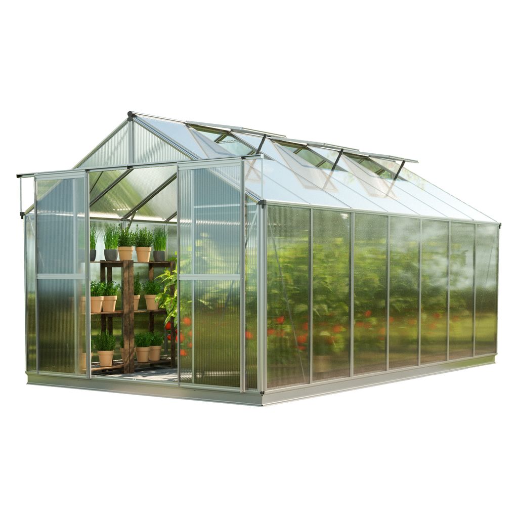 GFP Gewächshaus Topas 7 aus Alu 225x449 cm ca. 8 mm Doppelstegplatten mit Fundamentrahmen, automatischer Fensteröffner