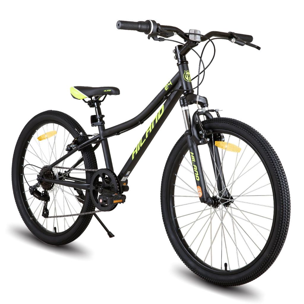 HILAND Climber 24 Zoll Kinderfahrrad Mountainbike mit Federgabel 7 Gang Shimano V-Bremse, Kinder MTB Jugend Mädchen, Schwarz