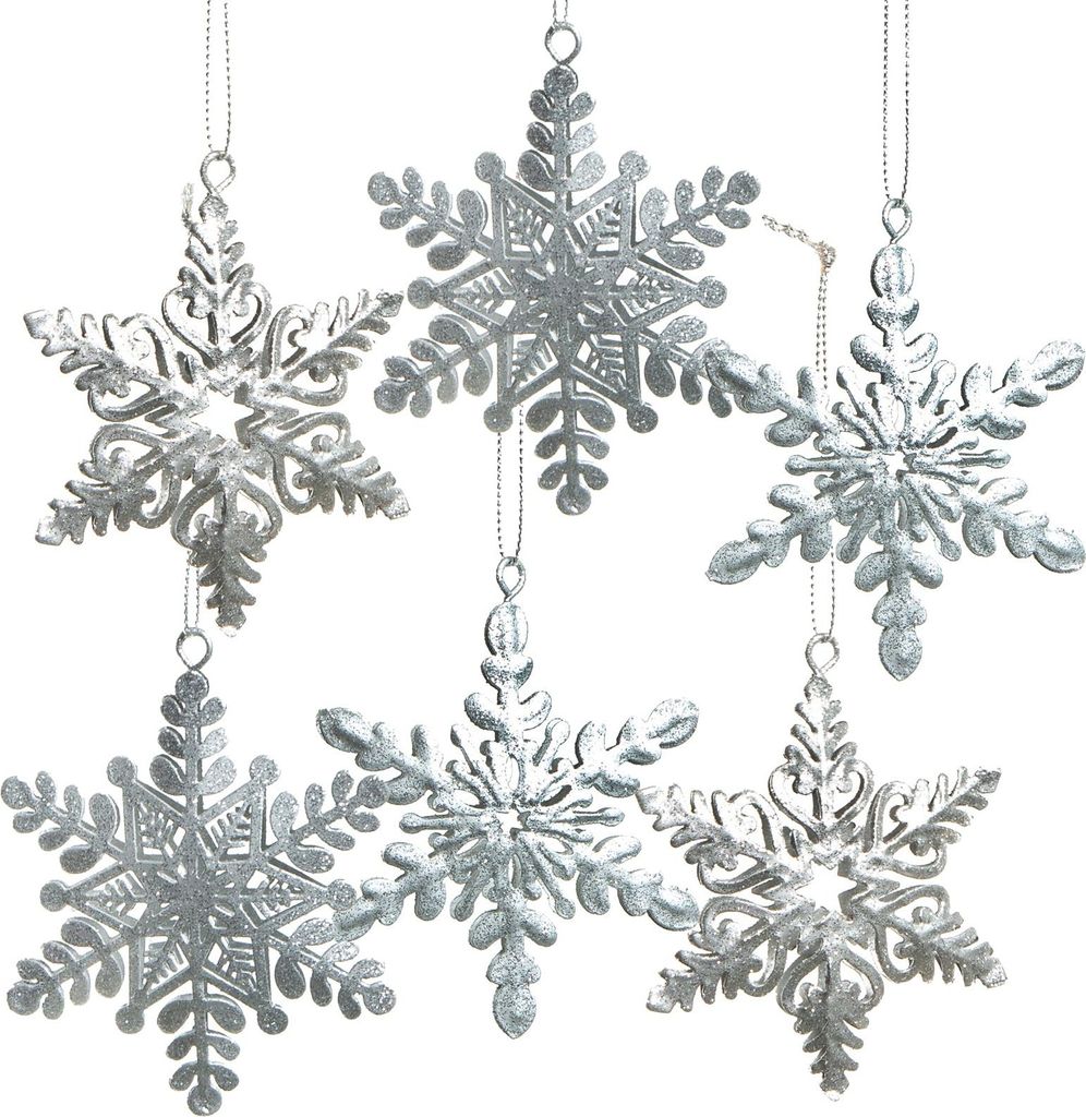 6 Schneeflocken mit Schnur zum Aufhängen - 8 cm Silberfarben aus Metall