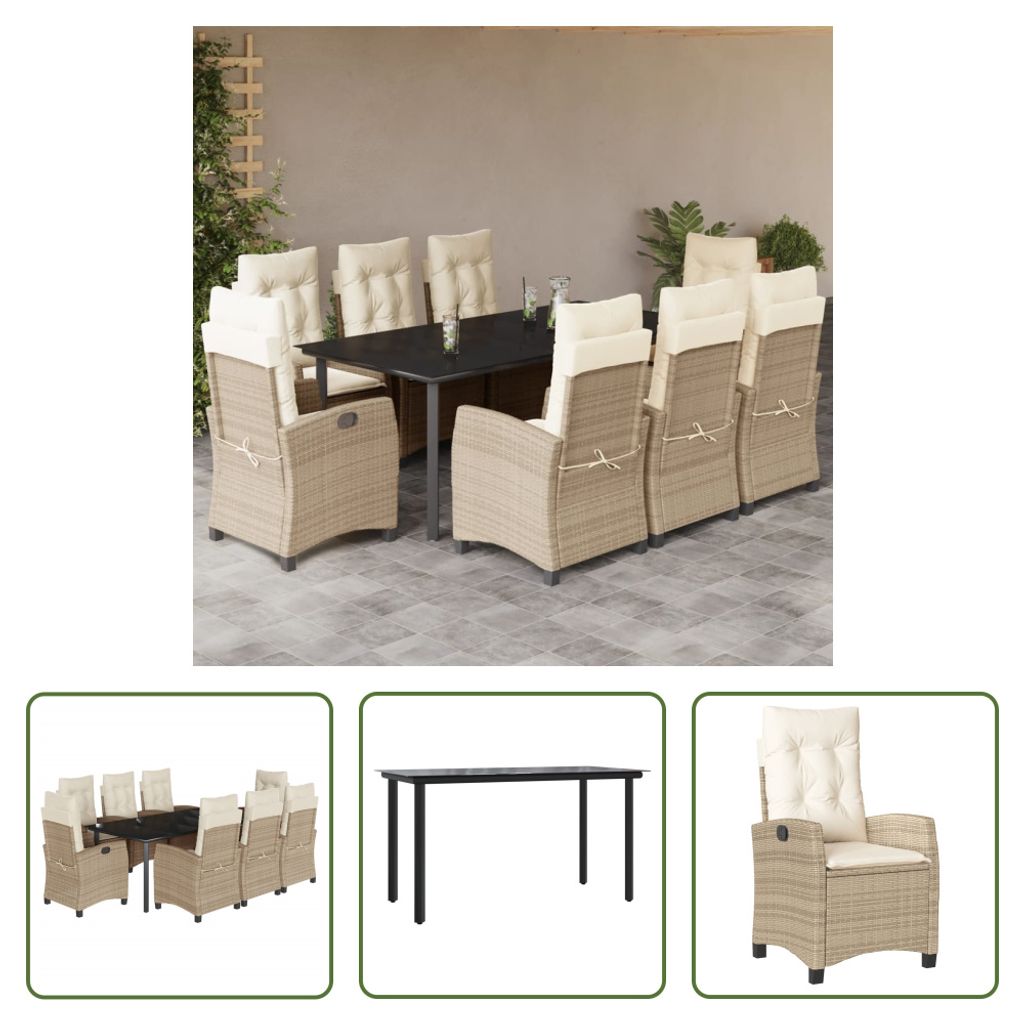 The Living Store 9-tlg. Garten-Essgruppe mit Kissen Beige Poly Rattan