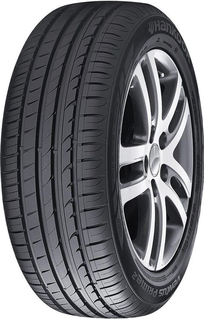 A close-up studio shot of a Hankook Ventus Prime 2 tire mounted on a silver alloy wheel.
