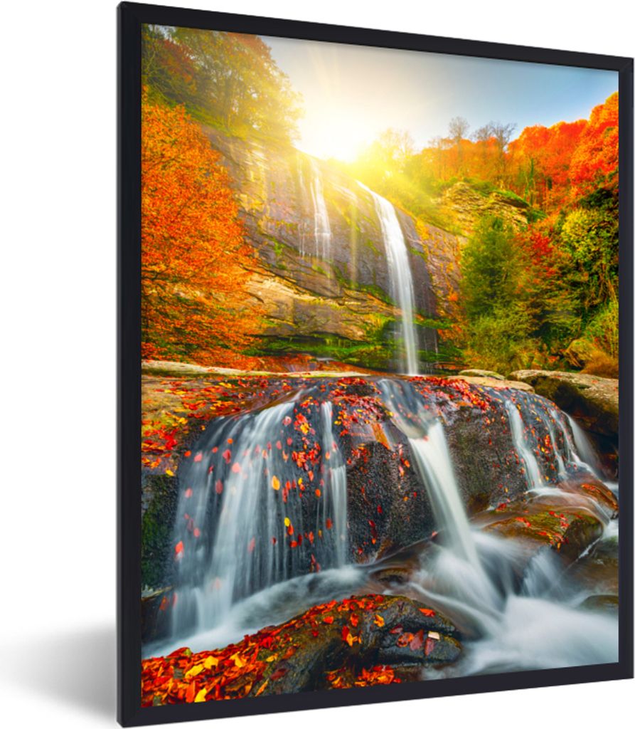 MuchoWow Gerahmtes Poster Wasserfall - Natur - Herbst - Rot - Wasser 30x40 cm - Poster mit Schwarzem Bilderrahmen Wandposter Rahmen Foto Bilder -...
