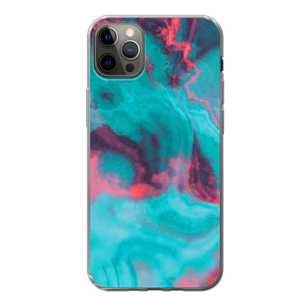 MuchoWow Handyhülle Schutzhülle Hülle für iPhone 12 Pro Max Abstrakt - Neon - Rosa - Blau Silikon Softcase Handy Hülle - Hartschale - Geburt...