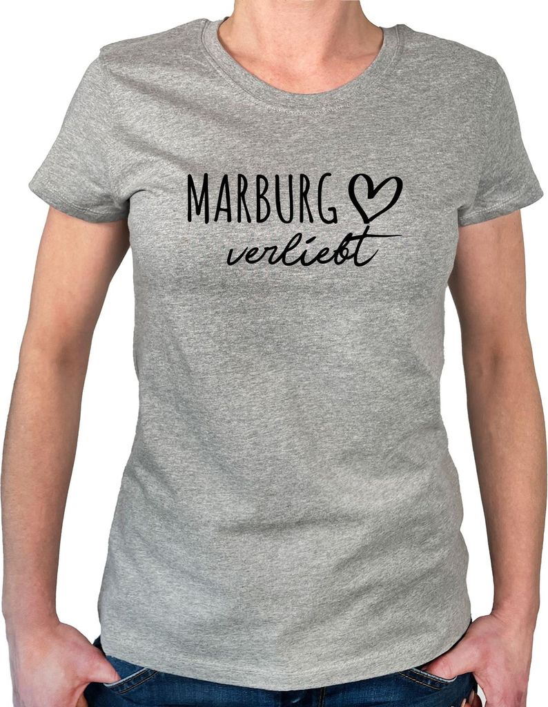 Huuraa Damen T-Shirt Marburg verliebt XL Sport Grey Bio Baumwolle Fairtrade Damenshirt Geschenkidee
