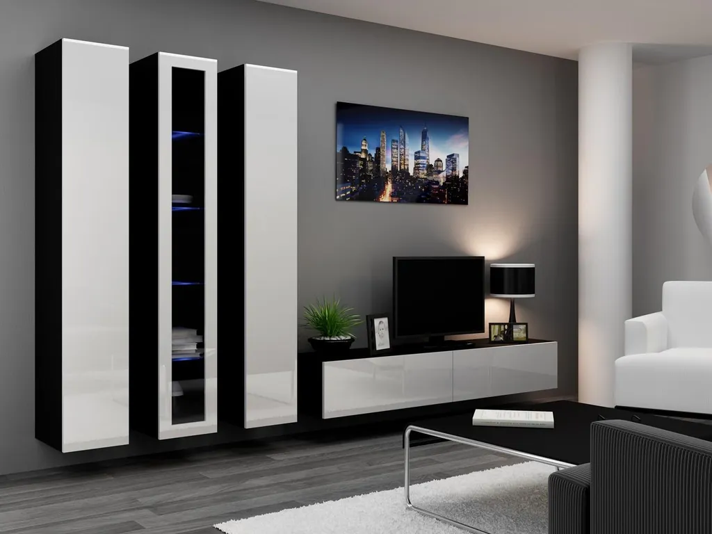 Meuble de rangement mural Noir 180cm, Colonne suspendue 4 tablettes Cama