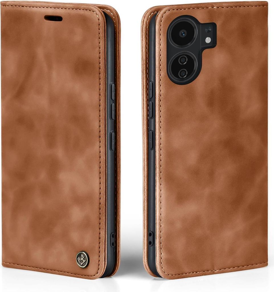 A brown flip case for a smartphone, shown from two angles.