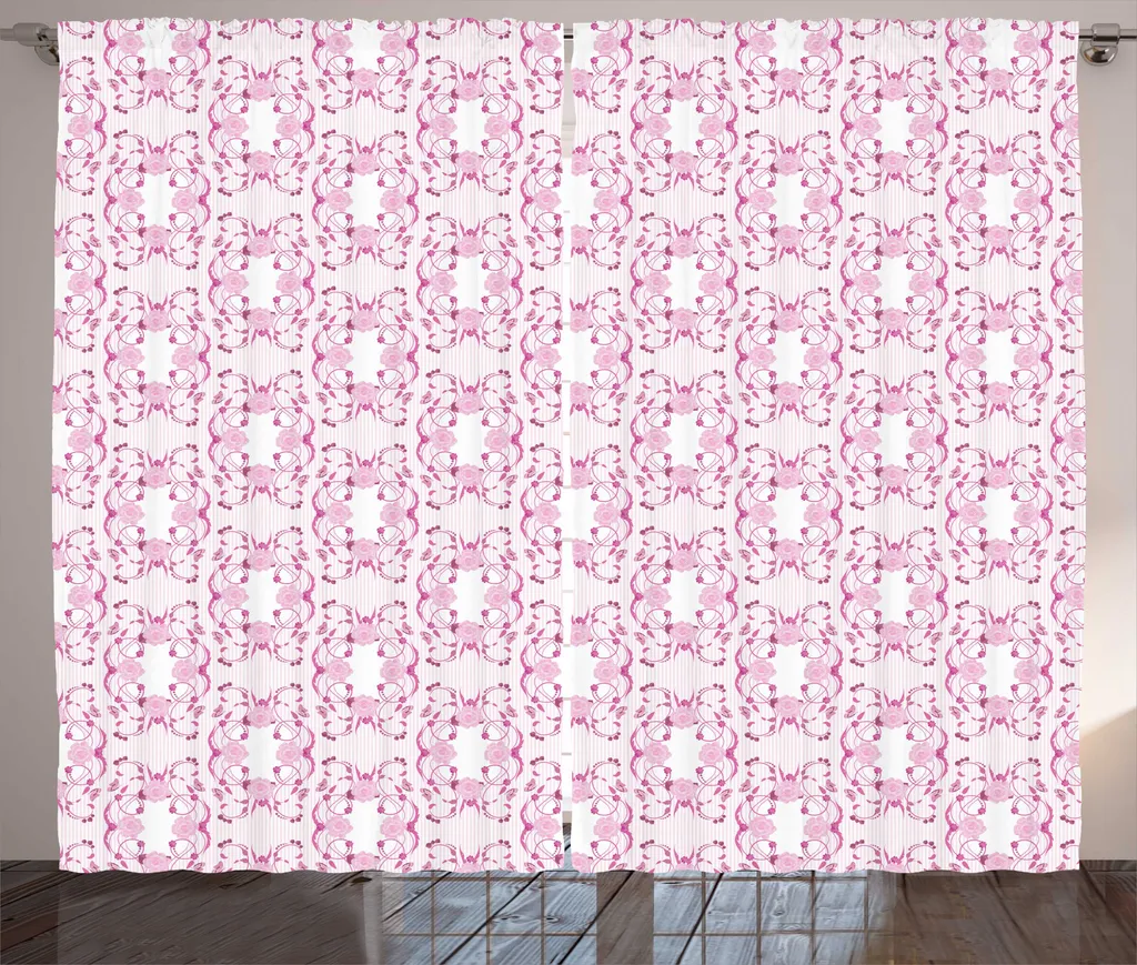 Rideau Rose Fuchsia Damassé 280x225 cm Tissu Floral avec Accroches Inclus