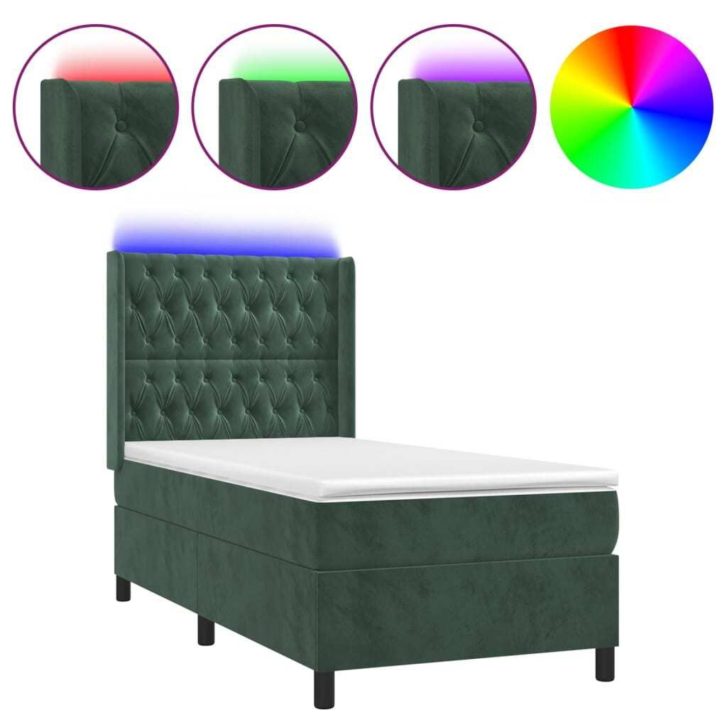 SYFAX Boxspringbett mit Matratze & LED Dunkelgrün 90x190 cm Samt