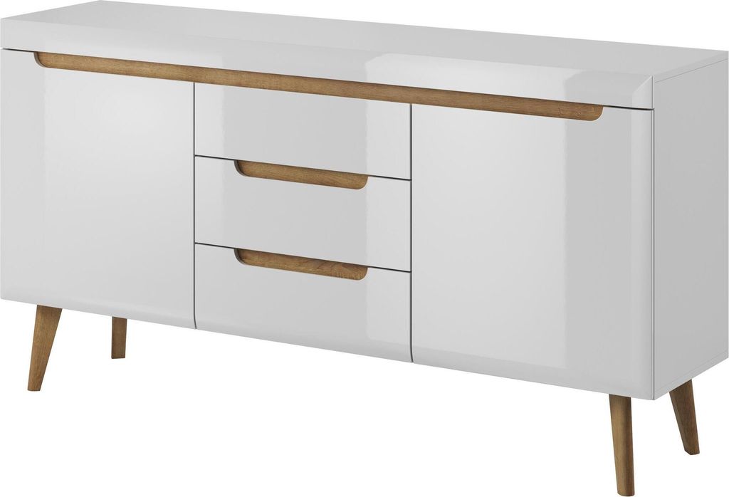 160 cm Kommode mit Schubladen Capri weiß glänzend Kabinett für Wohnzimmer Sideboard im skandinavischen Stil, Farbe: Weiß