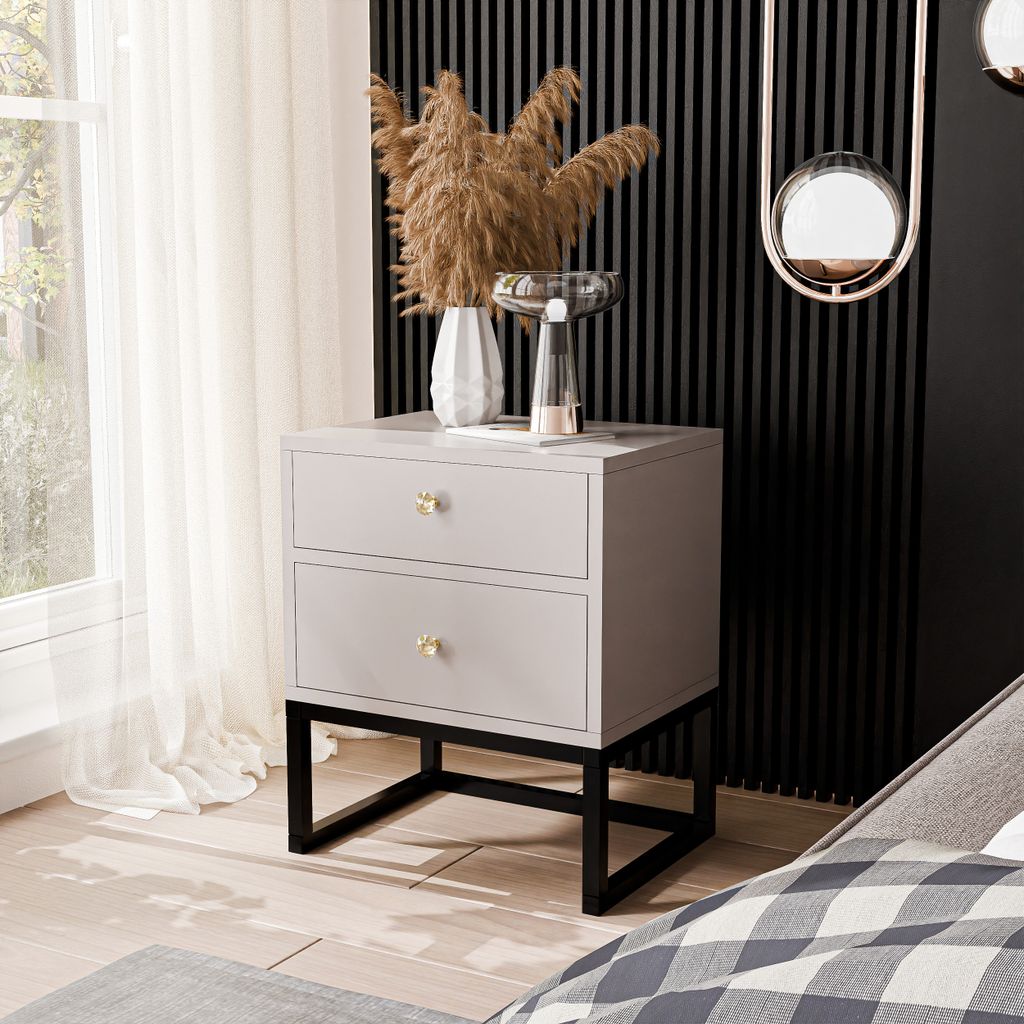 IDOHOME-Nachttisch mit zwei Schubladen und Diamantgriff MILO XL auf Schwarz Metallgestellfürs Schlafzimmer Nachtschrank