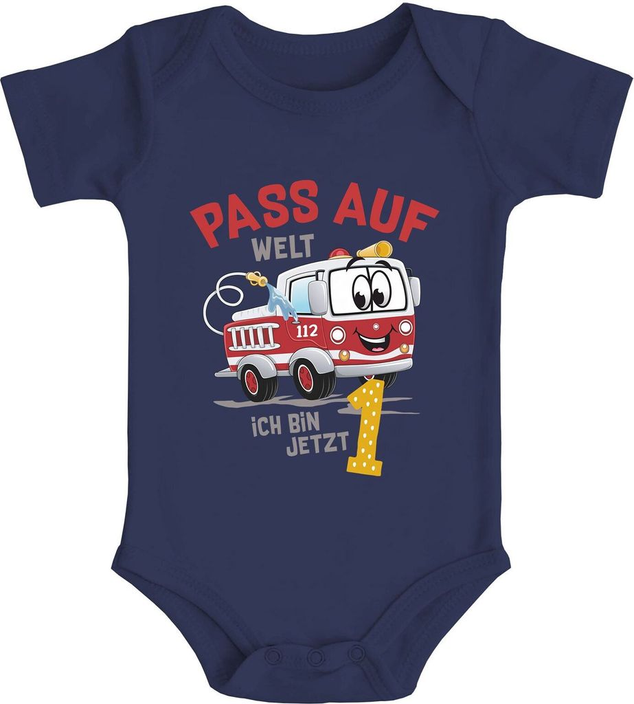 Babybody 1.Geburtstag Feuerwehr-Auto Pass auf Welt ich bin jetzt 1 kurzarm Body Baumwolle Moonworks navy 0-3 Monate