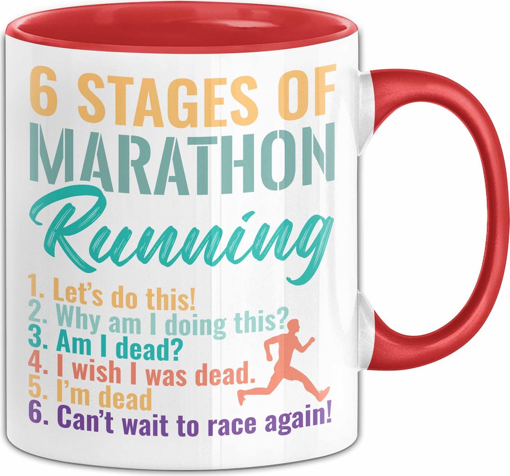 Marathon-Läufer Tasse Geschenk Jogger 6 Stages Of Marathon Running Joggen Kaffee-Becher (Rot)