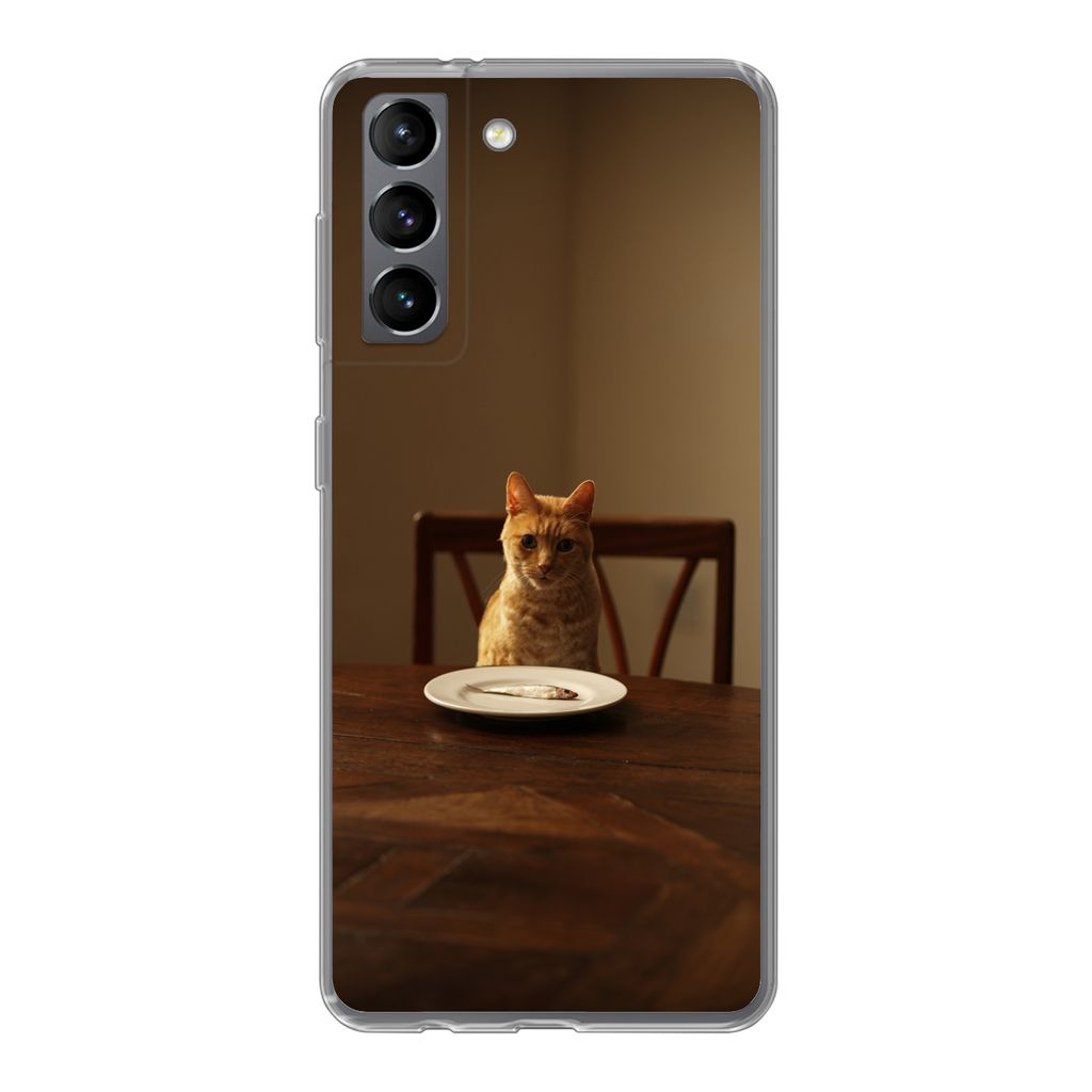 MuchoWow Handyhülle Schutzhülle Hülle für Samsung Galaxy S21 Katze - Esstisch - Teller Silikon Softcase Handy Hülle - Softcase