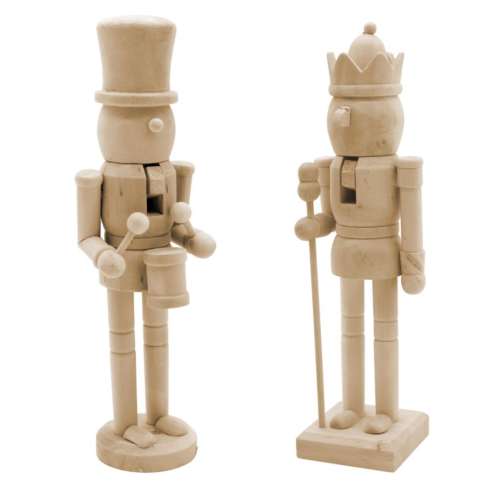 Two unpainted wooden nutcrackers against a white background.