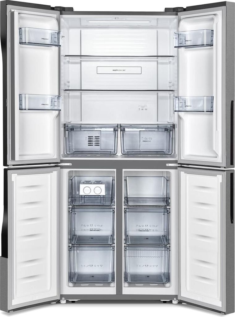 Interior view of an open refrigerator with multiple compartments and drawers.