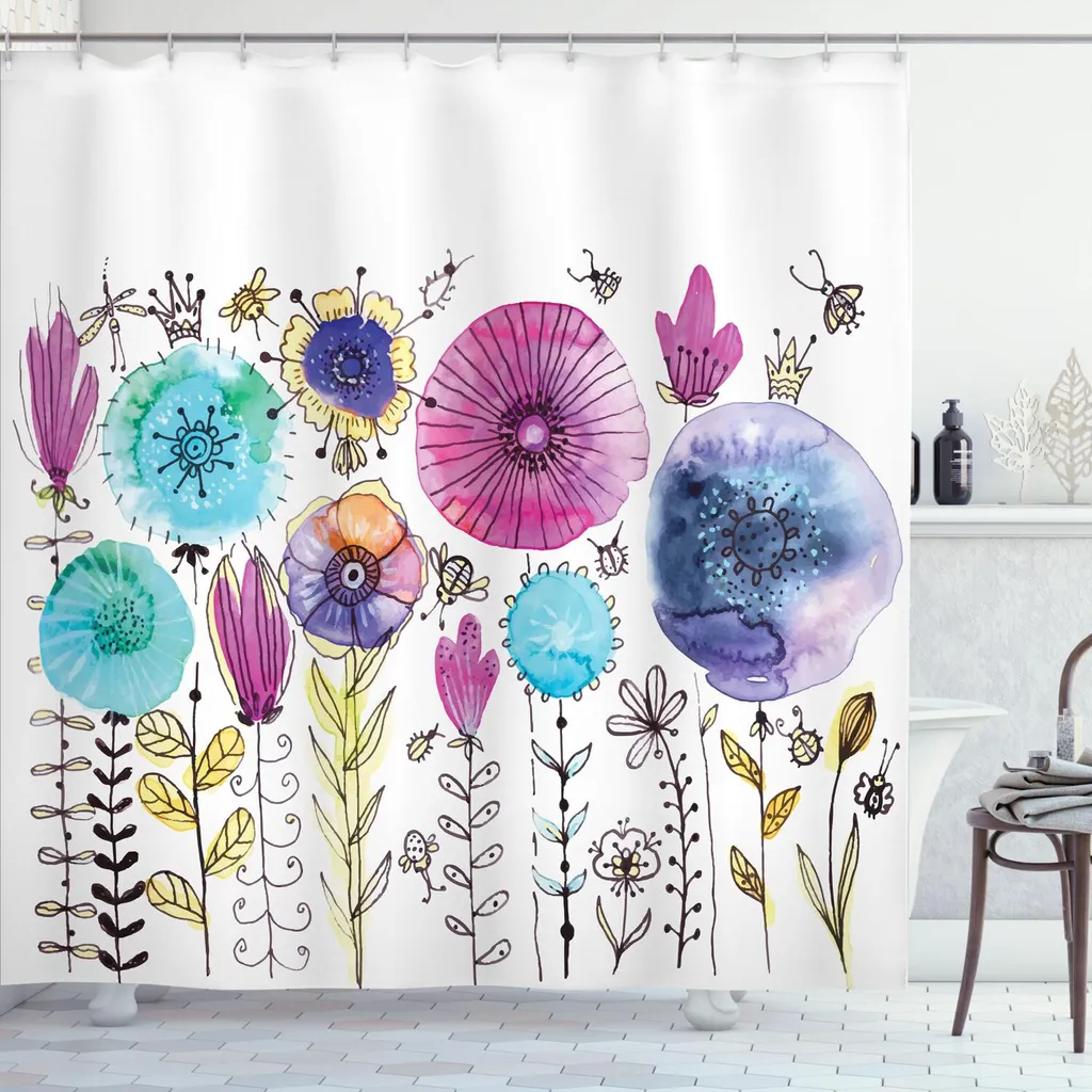 ABAKUHAUS Rideau de douche Libelle Bonjour l'Été Rose et Bleu 175x240 cm
