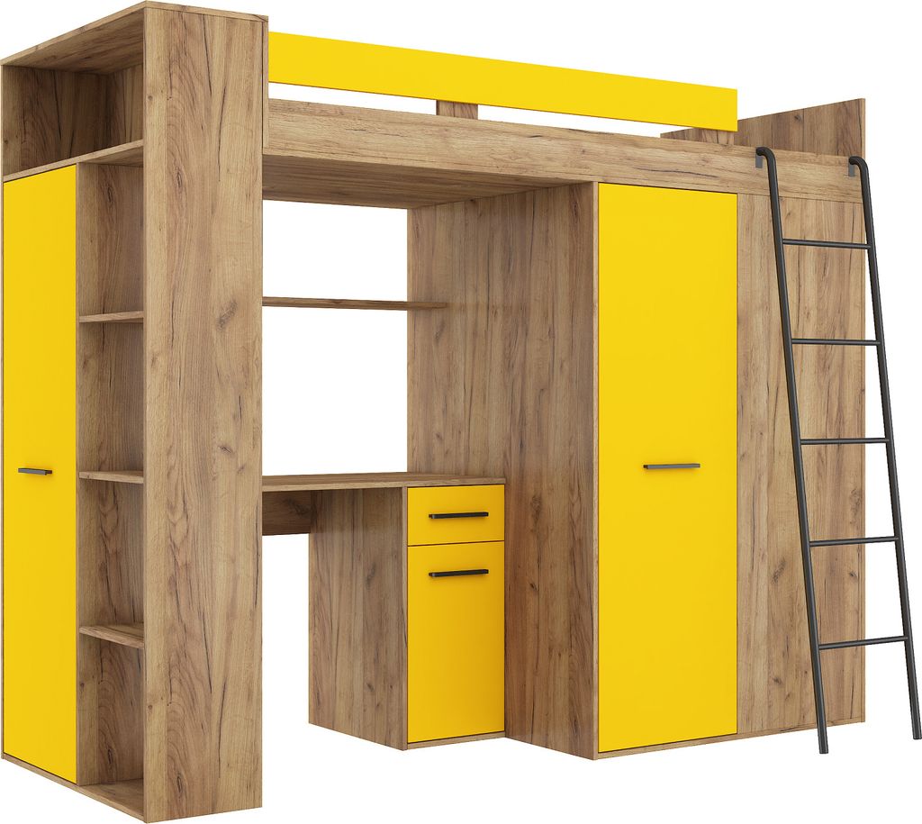 Hochbett VERANA R (Rechts) Etagenbett Entresole Bett 90x200 Kleiderschrank Regal Treppen CRAFT GOLD / GELB