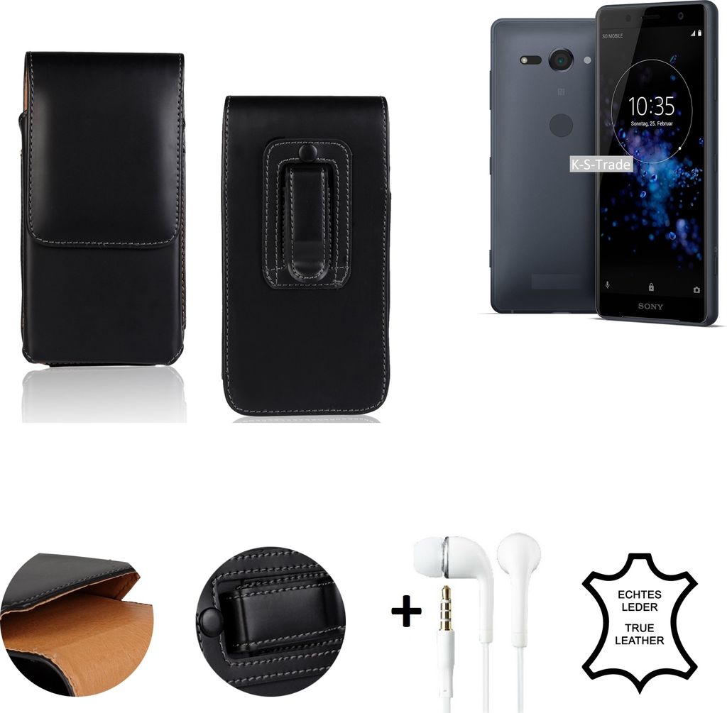 K-S-Trade Leder Gürtel Tasche + Kopfhörer kompatibel mit Sony Xperia XZ2 Compact Seitentasche Belt pouch Holster Handy Hülle Gürteltasche Schutz