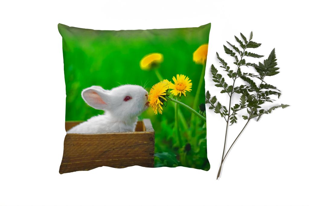 MuchoWow Zierkissen Sofakissen Wohnzimmer Dekokissen 45x45 cm Kaninchen - Löwenzahn - Gras - Schlafpolster - Polster für das Sofa
