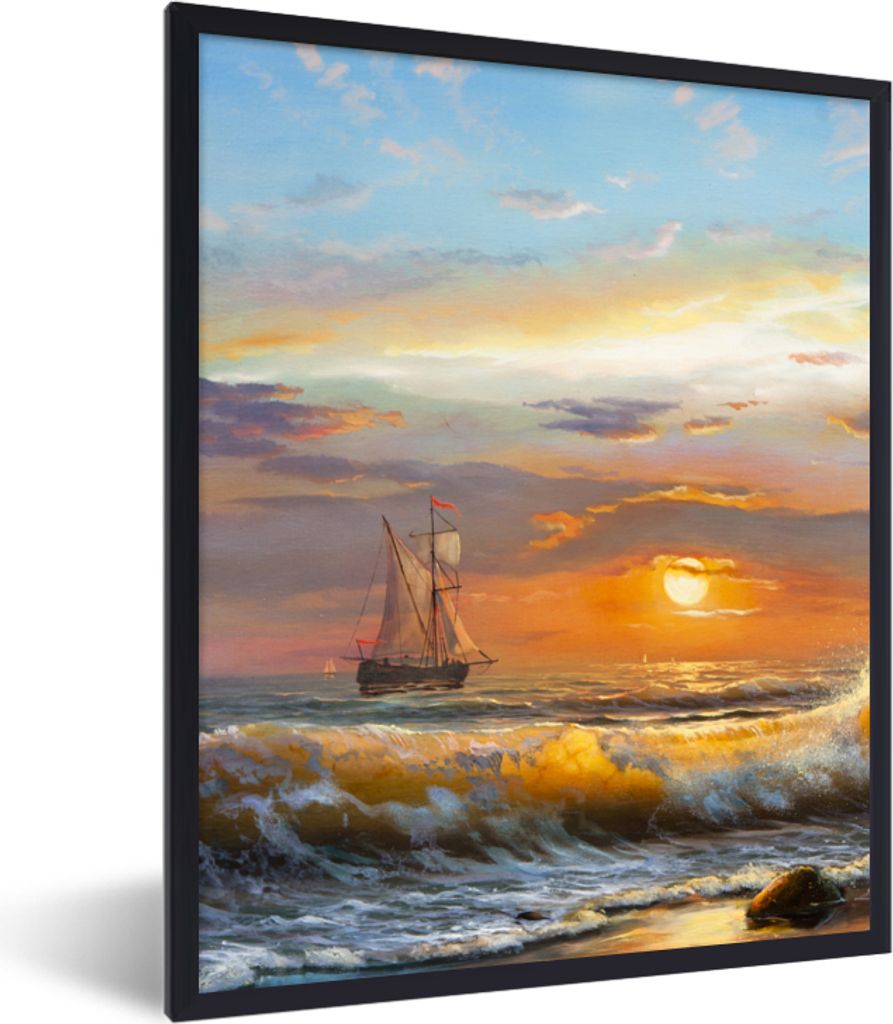 MuchoWow Gerahmtes Poster Malerei - Wasser - Segelboot - Ölfarbe 60x80 cm - Poster mit Schwarzem Bilderrahmen Wandposter Rahmen Foto Bilder - Pr...