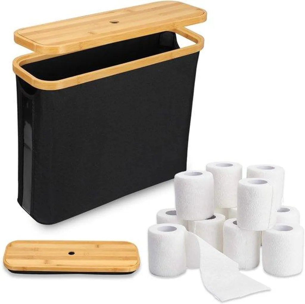 Meuble de Rangement Papier Toilette 28L Noir et Bois pour WC Compact
