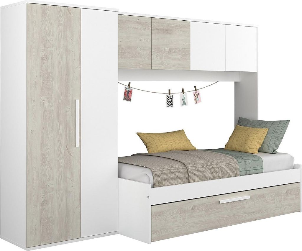 Ausziehbett 2 x 90 x 200 cm - Mit Schrank – Weiß und Natur Produktbild 