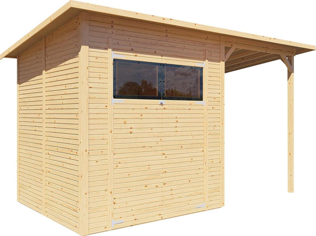 Bertilo Gartenhaus Pent Modern 3 Plus inkl. Anbaudach - 18 mm naturbelassen