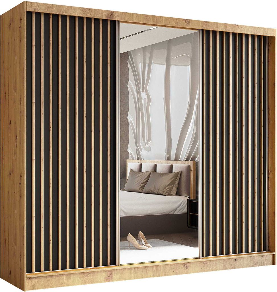 AGMAT Schwebetürenschrank Nevada, Kleiderschrank mit Spiegel und 3 Türen, Moderne Garderobe in Farbe: Artisan, Schrank in Größe: 240 x 216 x 61 cm