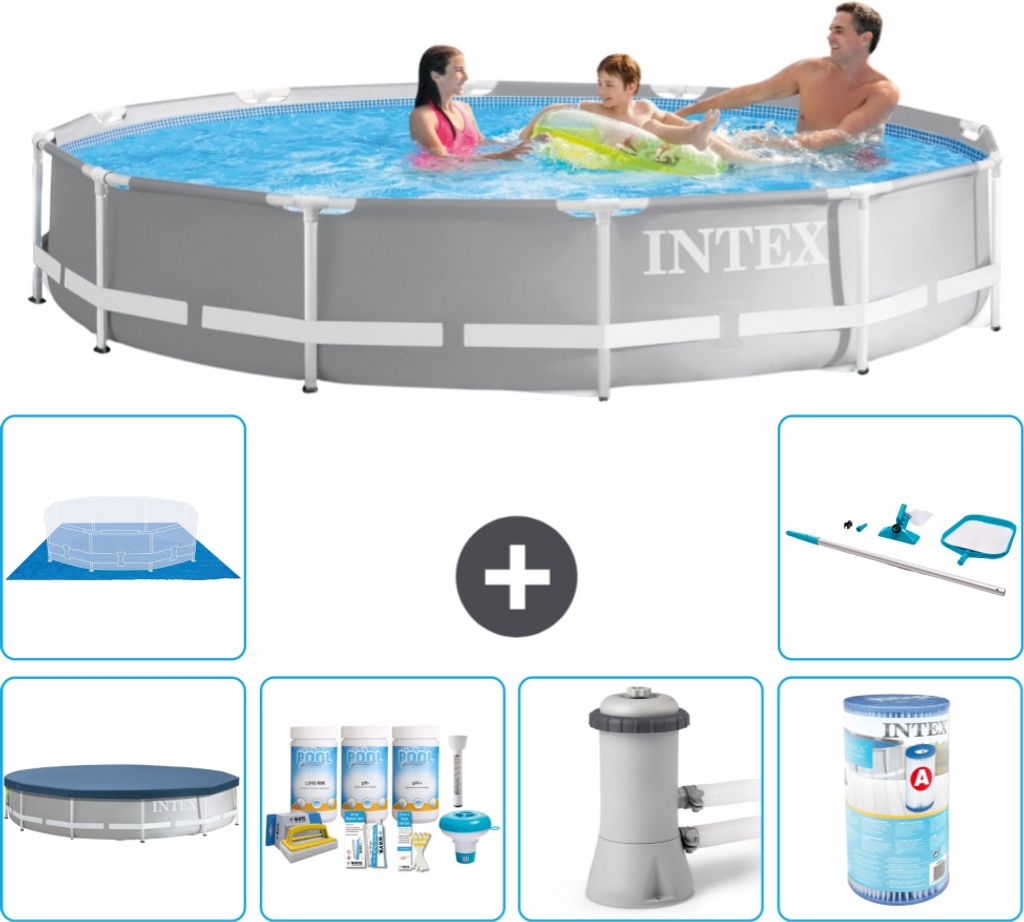 Intex Pool mit rundem Prismenrahmen – 366 x 76 cm – Grau – im Lieferumfang enthalten Abdeckung - Wartungspaket - Filterpumpe für Schwimmbad ...