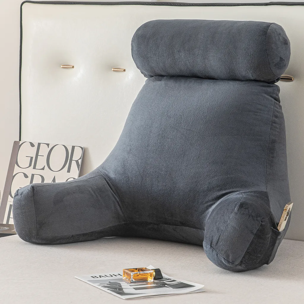 Coussin lombaire de lecture avec bras en velours doux gris foncé 65x85cm