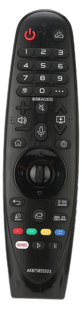 A black remote control is shown against a white background.