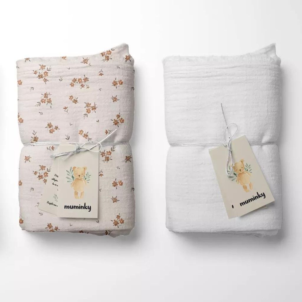 Muminky | Musselin Windeln - 50x60 cm - Weiß und Braune Blüten - Hipoallergen - Weich und Atmungsaktiv